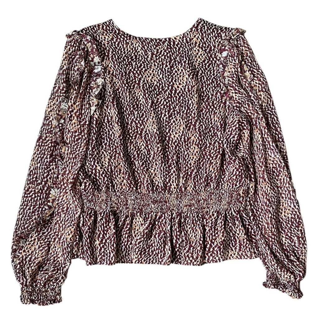 EXPRESS Women's Size L Smocked Blouse Burgundy Ruffle V-Neck - Picture 7 of 11